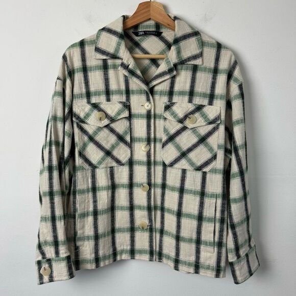 NWT Zara oversized shacket jacket plaid beige black white XS Button Up Size XS - Picture 2 of 11